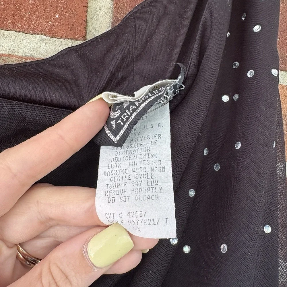 Vtg Y2k City Triangles Black One Shoulder Ruched Bling Gem MIDI Dress Sz S a2381